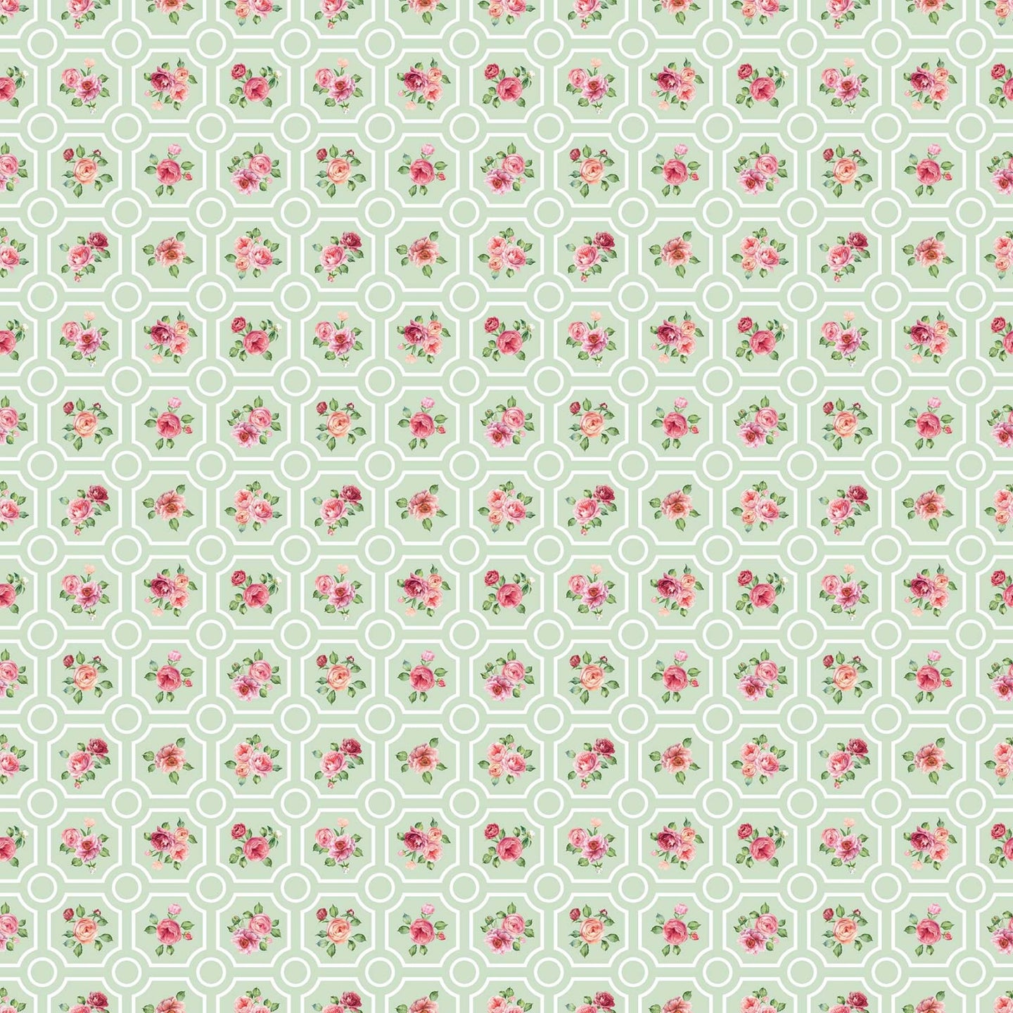 Blush Sateen Stripe - Floral Grid Green