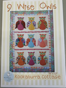 9 Wise Owls Pattern by Kookaburra Cottage. A combination of applique and quilting and finishes at 56"X72". Contains both traditional and QAYG measurements.