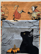 Load image into Gallery viewer, Celebrate Halloween with this fun Black Cat Apron and coordinating oven mitts. Coasters are also an extra on the panel. Included in this kit is the panel and fabric for backing/lining.
