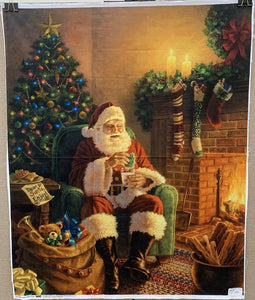 Santa is warming by the fire and eating his cookies and milk. A lovely piece of artwork to be used with your favorite panel quilt design.