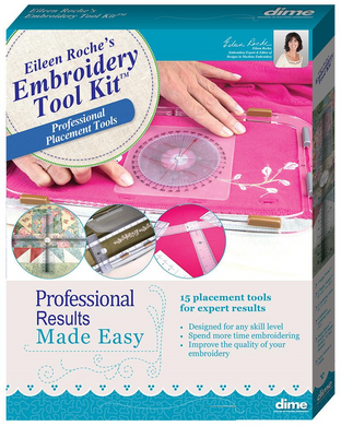 Everything you need for professional results is in one easy-to-use, affordable package. Tool Kit includes: 1 - Angle Finder, 2 - Target Rulers, 3 - Centering rulers, 4 - Adhesive centering rulers, 5 - Target Sticker Sheets and a Hoop Shield in 3 sizes.