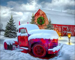 Snowy Red Truck w/Red Barn & Weath PANEL 36in