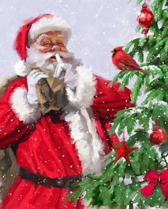 Santa w/Cardinal on Tree PANEL 36in
