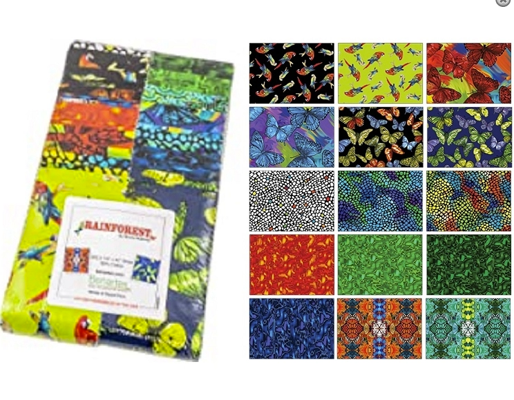 A lovely group of colorful rainforest themed fabrics with hues ranging from black, blue, orange and greens.