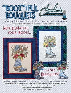 Two beautiful embroidery designs of Cowboy and Ice Skate Boots.  The cowboy bouquet includes a western theme and the ice skate boot includes musical instruments. Design size 6" wide by 8" high.