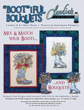 Two beautiful embroidery designs of Cowboy and Ice Skate Boots.  The cowboy bouquet includes a western theme and the ice skate boot includes musical instruments. Design size 6
