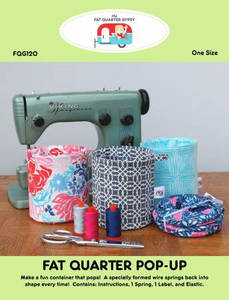 The Fat Quarter Pop Up is a fun little container that pops! A specially formed wire springs back into shape every time! Each pattern contains full color instructions, 1 small pop up, elastic and a fun FQ Gypsy label. All you need to add is a FQ of fabric and stabilizer!