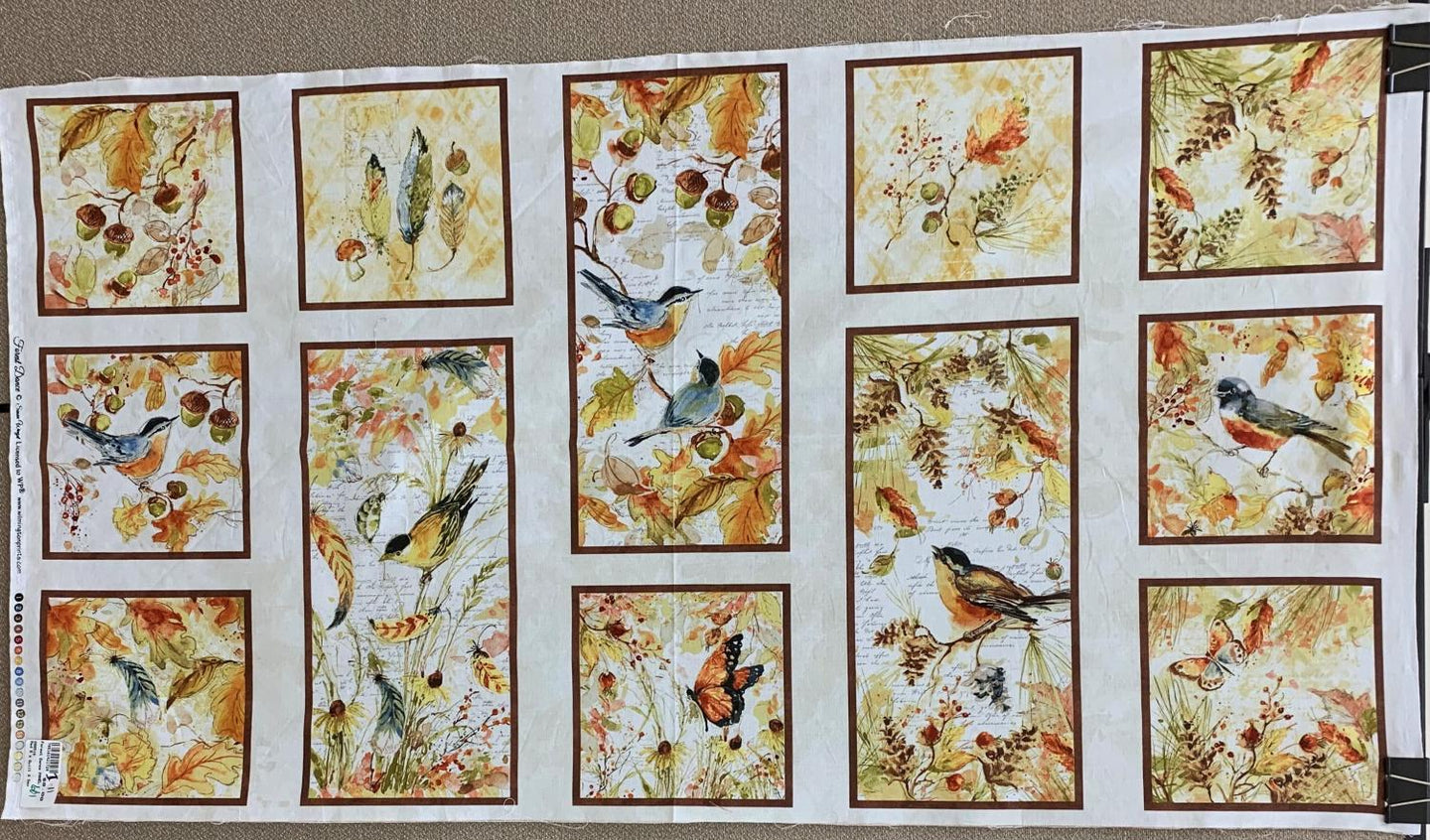 You can imagine yourself in the forest with this panel. Several blocks of different forest birds can be made into a warm quilt or a table runner.