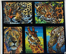 Load image into Gallery viewer, This lovely mosaic panel is an example of fine art on fabric. It is a glass menagerie of wild animals in deep blues. Size 44 1/2 X 36 1/2
