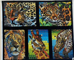 This lovely mosaic panel is an example of fine art on fabric. It is a glass menagerie of wild animals in deep blues. Size 44 1/2 X 36 1/2