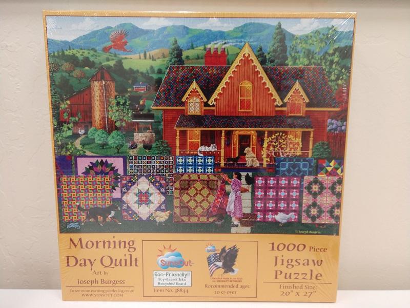 A down home scene with the colorful quilts hanging on the line. Contains 1000 piece jigsaw puzzle - Finished size 20