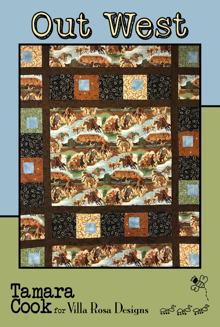 Out West design by Tamara Cook for Villa Rosa Designs is all cowboy! This pattern was created with the Out West panel and big blocks and sashing all around it.  You can imagine just about any panel and colors using this pattern as well. Finished size 61