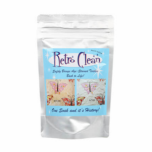 Retro Clean is a gentle soaking agent designed to safely remove yellow age stains (including mildew, wood oil, tea, coffee, blood, water damage and perspiration stains) from vintage quilts and all washable fabrics. Retro Clean will renew your treasured heirlooms to their original color and vitality.