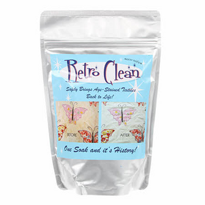 Retro Clean is a gentle soaking agent designed to safely remove yellow age stains (including mildew, wood oil, tea, coffee, blood, water damage and perspiration stains) from vintage quilts and all washable fabrics. Retro Clean will renew your treasured heirlooms to their original color and vitality.