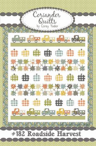 A cozy autumn quilt with pumpkins, leaves, and trucks from Coriander Quilts by Corey Yoder. This patter uses a Fat Eighth Bundle (9" X 22") of 36 pieces of fabric, or use your stash to create this beauty. Finished Size 72" X 80"