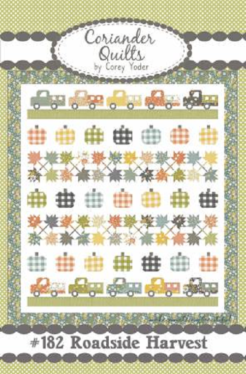 A cozy autumn quilt with pumpkins, leaves, and trucks from Coriander Quilts by Corey Yoder. This patter uses a Fat Eighth Bundle (9