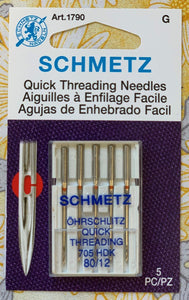 The Schmetz Quick Threading Needles are for wovens and knits. A universal needle with slip-in threading slot in the eye. A general purpose needle for effortless threading.
