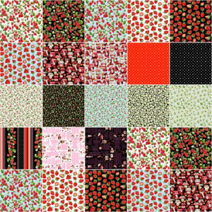 These group of fabrics are packed with fresh fruit and strawberry jam designs. This layer cake from Kanvas Designs would make a lovely lap quilt, table runner, or wall hanging. Includes (42) 10" X 10" pieces. 100% Cotton