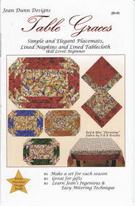 Simple and elegant placemats, lined napkins and lined tablecloth using just two contrasting fabrics. Features instructions for several tablecloth sizes.